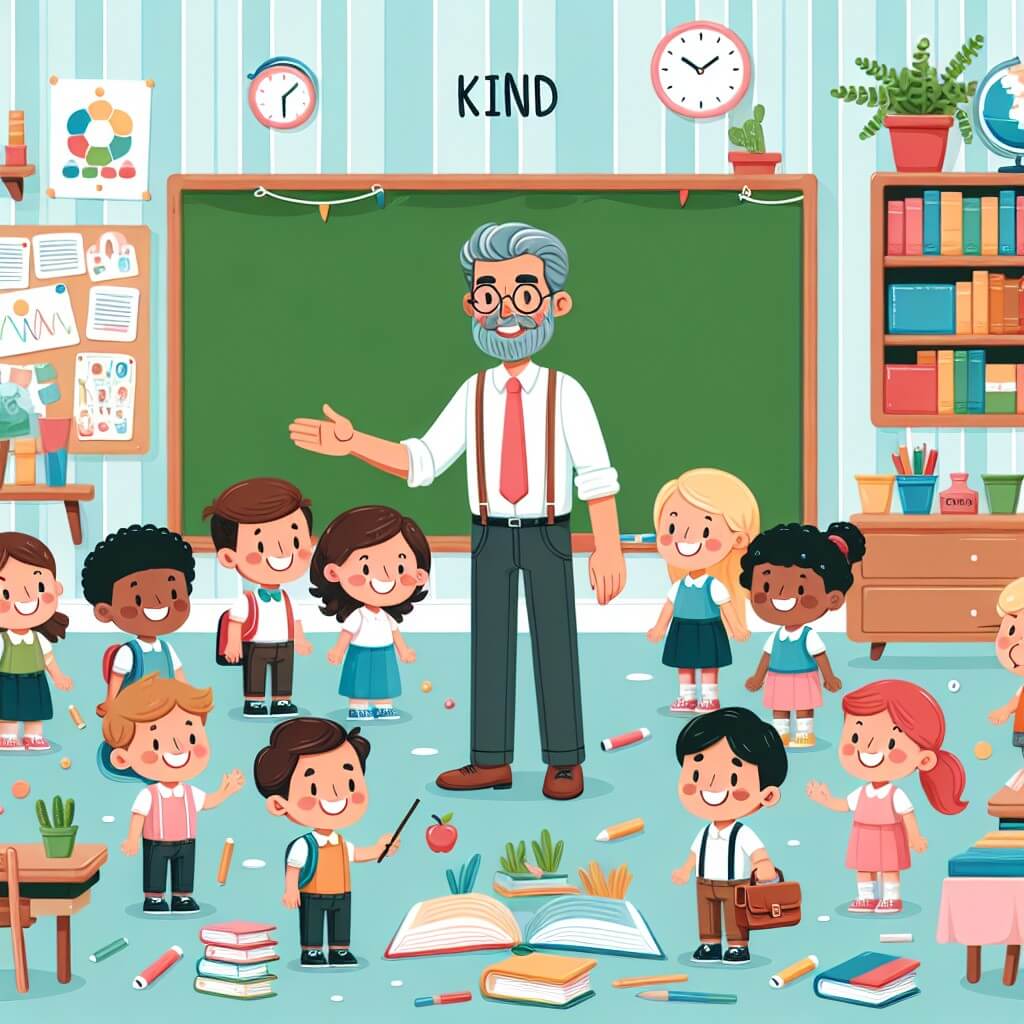 Une illustration destinée aux enfants représentant un instituteur bienveillant, entouré de joyeux élèves, enseignant dans une salle de classe colorée remplie de livres, de tableaux et de plantes, transportant les petits lecteurs dans un monde de découvertes et d'aventures.